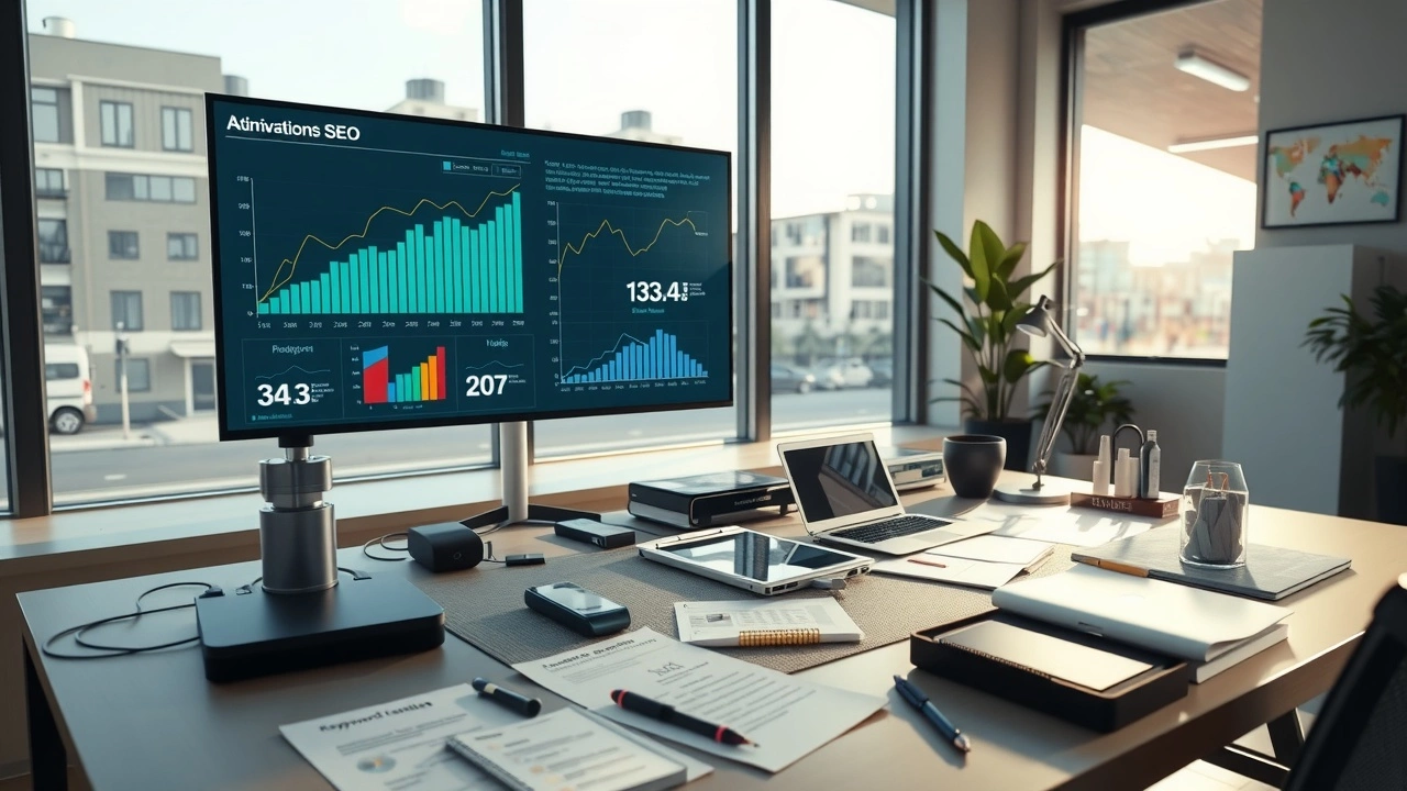 Illustration d'un espace de travail moderne intégrant des outils d'IA pour le SEO