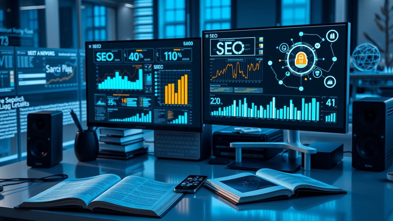 Une image montrant un espace de travail moderne avec des outils d'IA pour la recherche et le SEO.