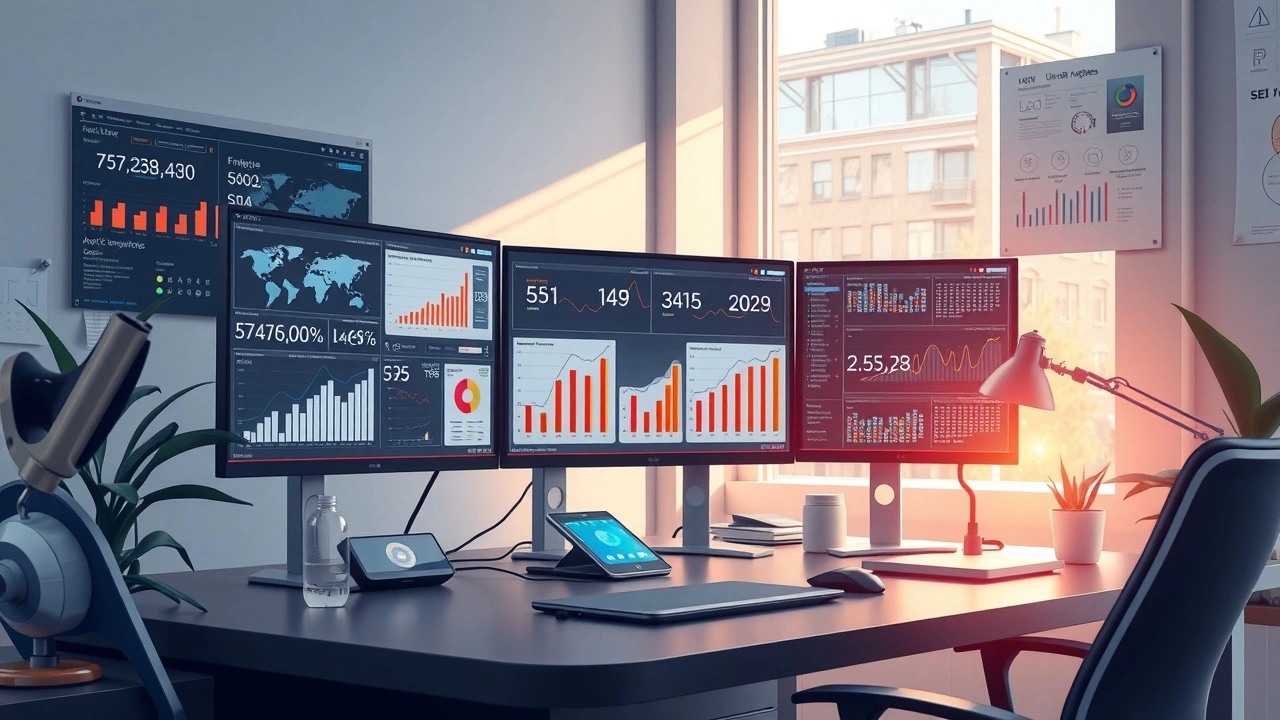 Illustration d'un espace de travail moderne utilisant l'IA pour analyser le comportement des utilisateurs et développer des stratégies SEO efficaces.