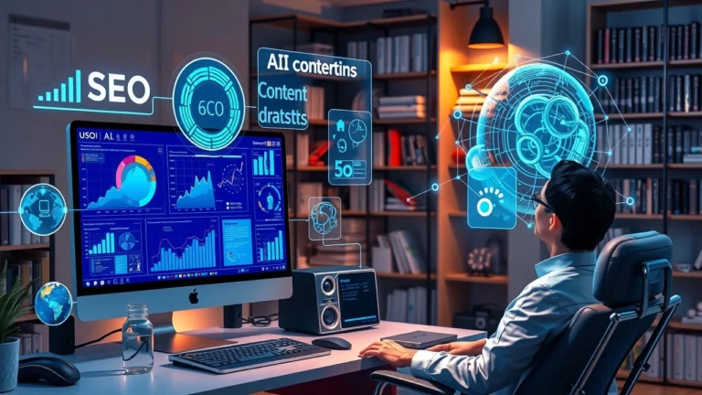 Une scène dans un espace de travail numérique où des outils d'IA génèrent du contenu SEO engagé et pertinent.