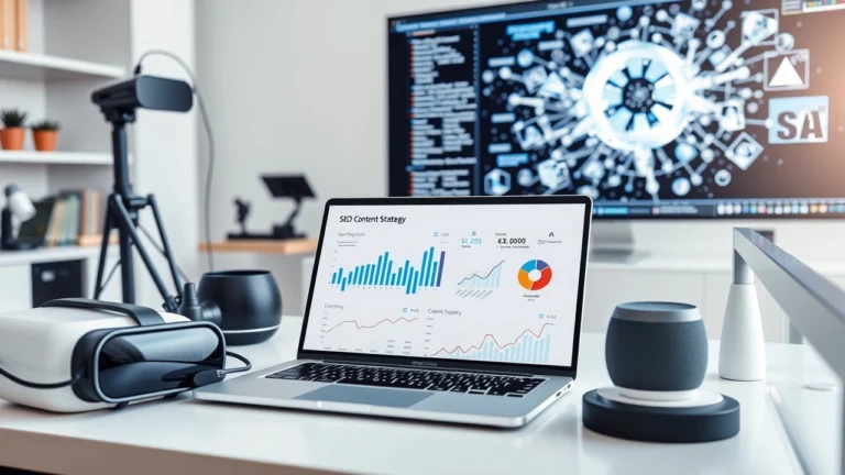 Un espace de travail numérique moderne illustrant l'intersection des technologies SEO et IA.