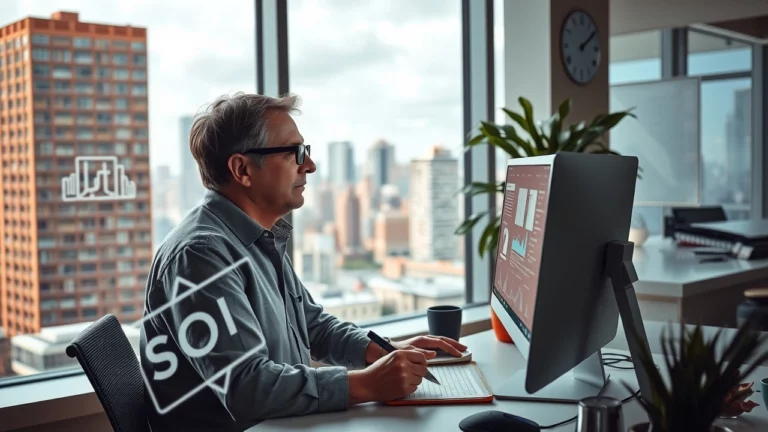 Un explorateur travaillant sur un ordinateur, analysant des données sur le SEO IA.