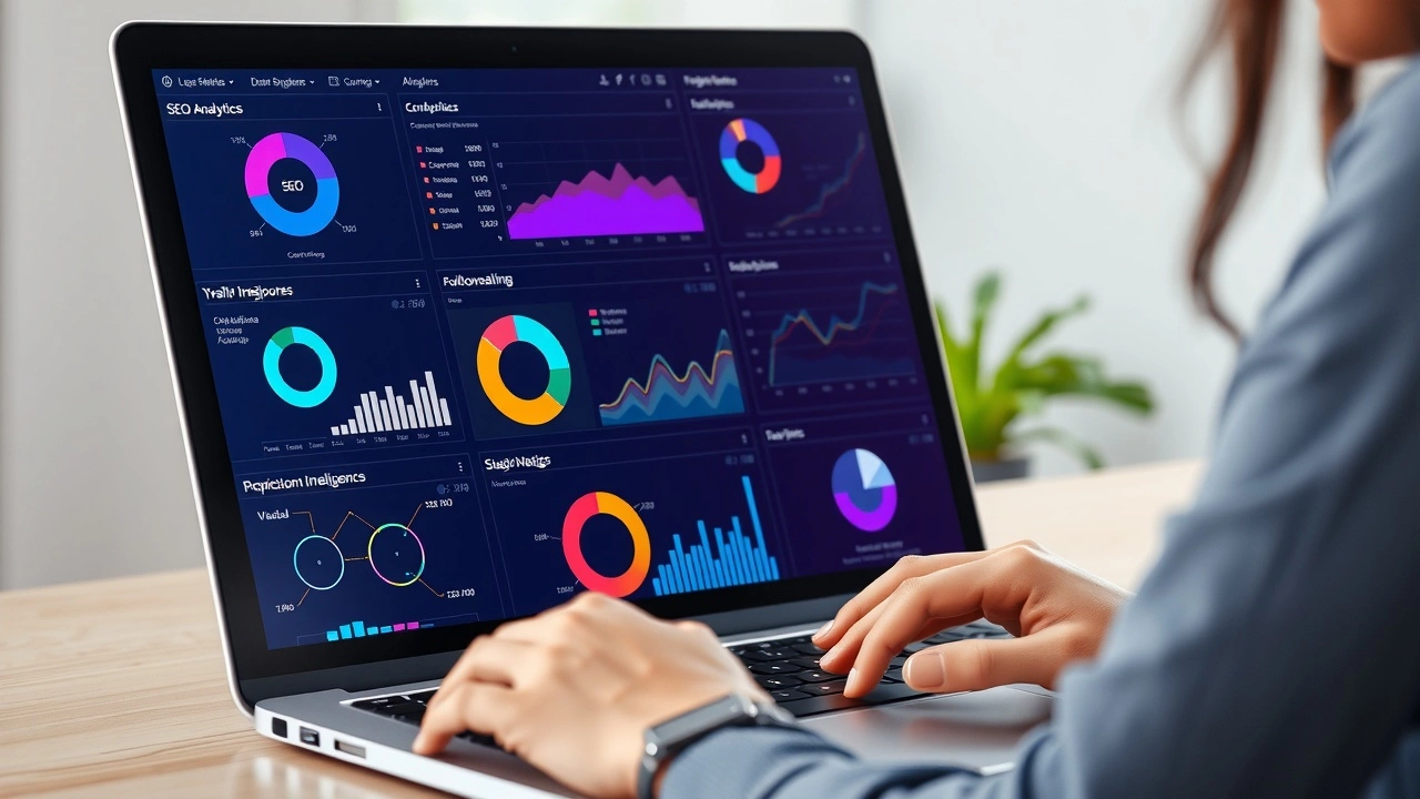 femme utilisant un ordinateur portable avec des analyses SEO