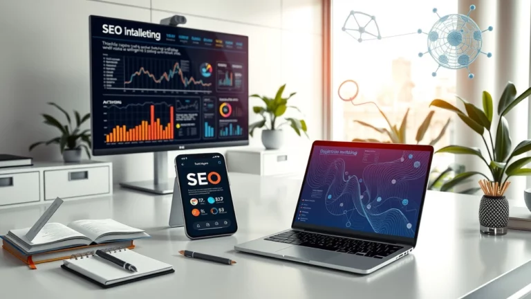 Une image illustrant des stratégies SEO modernes dans un bureau high-tech.