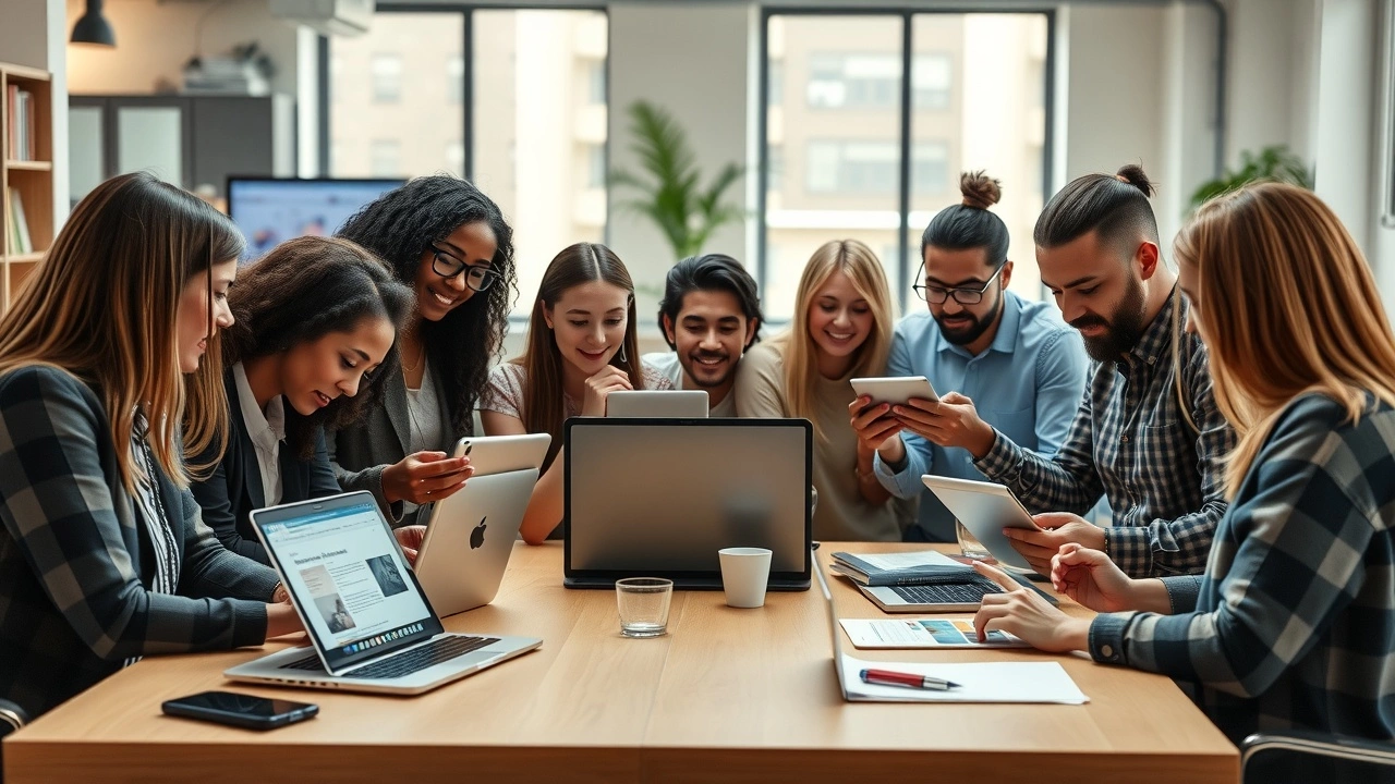 groupe divers de personnes collaborant sur un article de blog