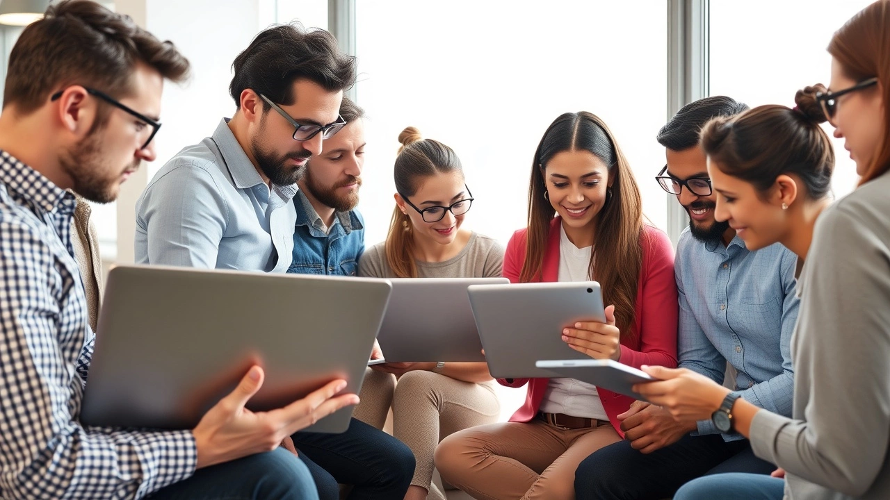 groupe divers discutant de strategies SEO avec ordinateurs