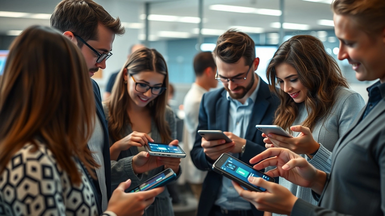 groupe divers interagissant avec des interfaces digitales
