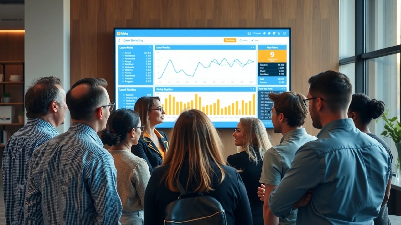 groupe de personnes discutant devant un écran d'analytique