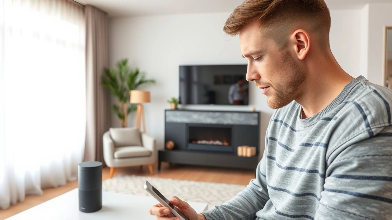 person utilisant un haut-parleur intelligent dans un salon moderne