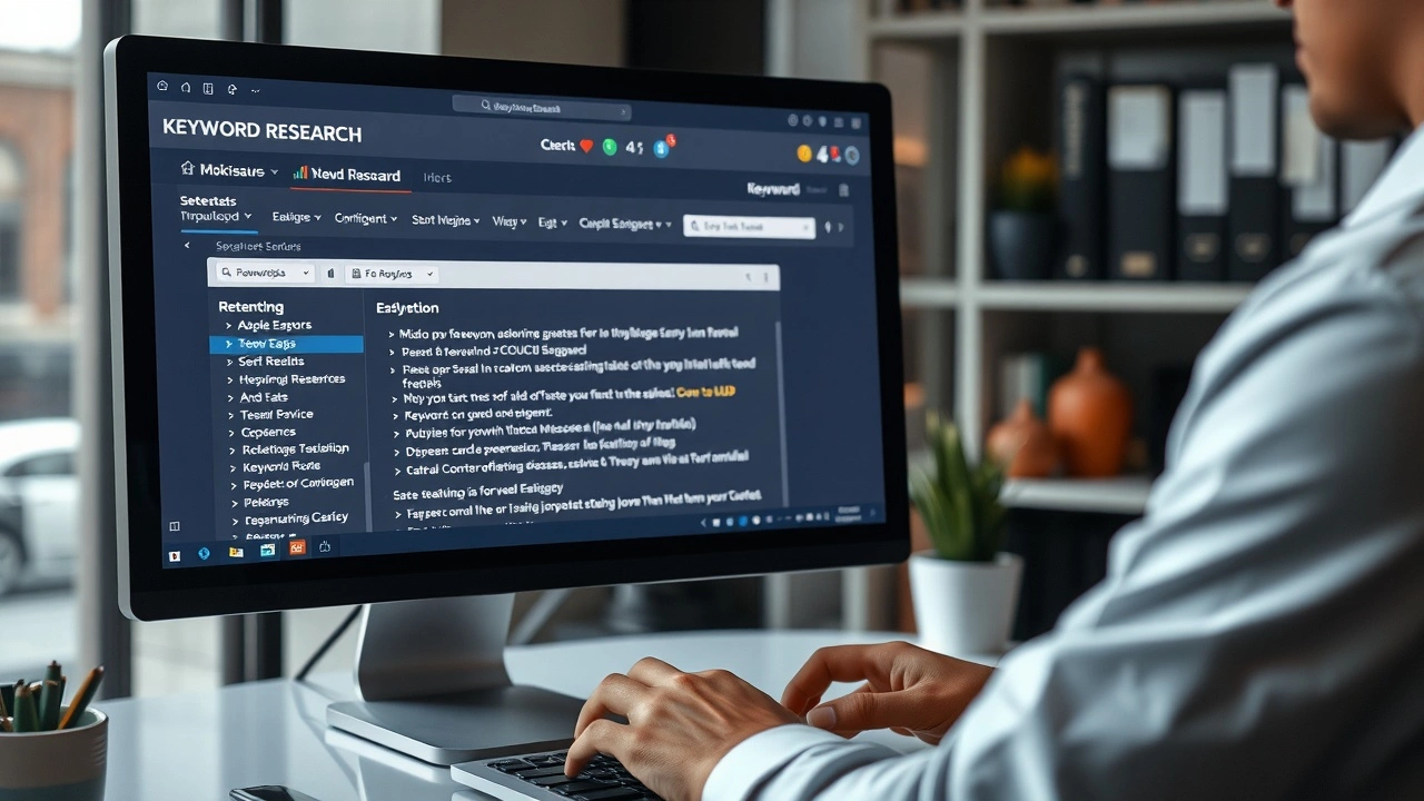 un homme utilisant un ordinateur pour la recherche de mots cles