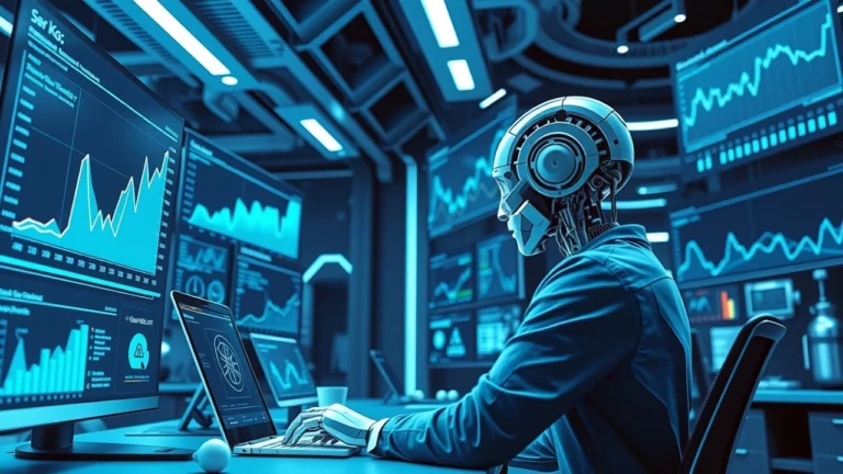 Une representation photorealiste d'un systeme d'IA analysant des tendances SEO