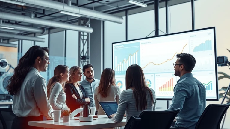 Une scene photorealiste montrant une equipe professionnelle analysant les tendances SEO avec l'aide de l'IA.