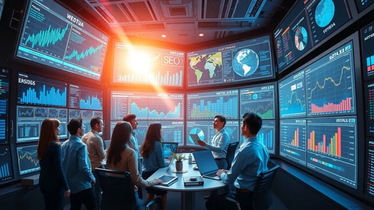 Une illustration d'une salle de contrôle moderne où l'IA analyse des données en temps réel pour détecter les tendances SEO.