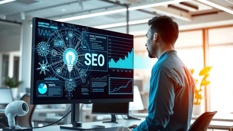 Image photorealiste d'une intelligence artificielle analysant des signaux de données liés aux pratiques SEO.