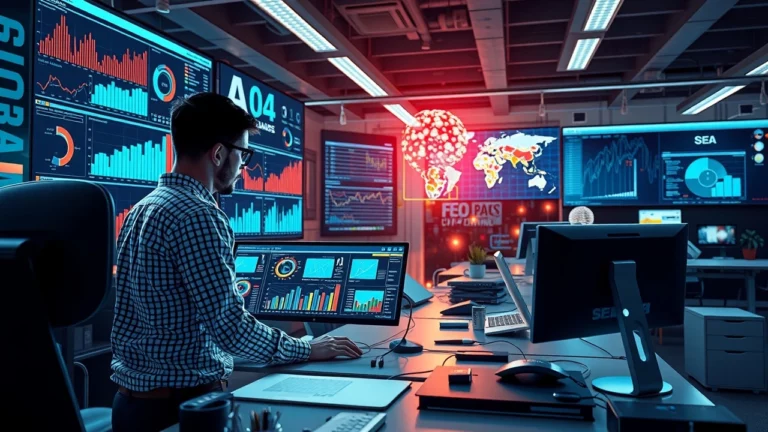 Une illustration photoréaliste de l'IA au service des stratégies SEO dans un paysage numérique moderne.