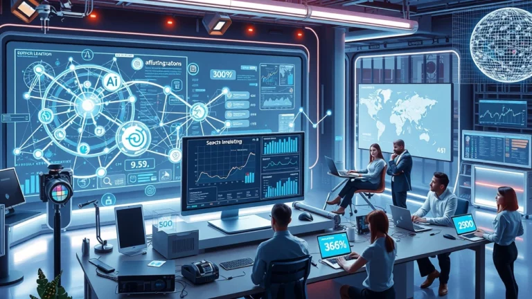 Une scène futuriste montrant comment l'IA transforme la recherche d'informations et influence le SEO.