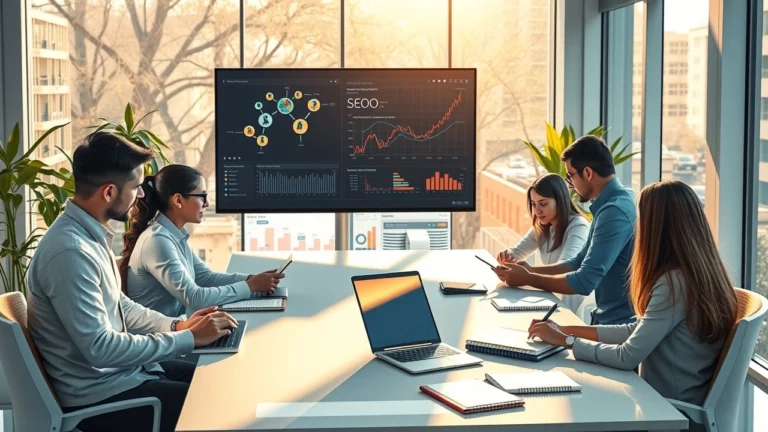 Une illustration photoréaliste d'un espace de travail moderne montrant des professionnels collaborant sur des stratégies de contenu SEO.