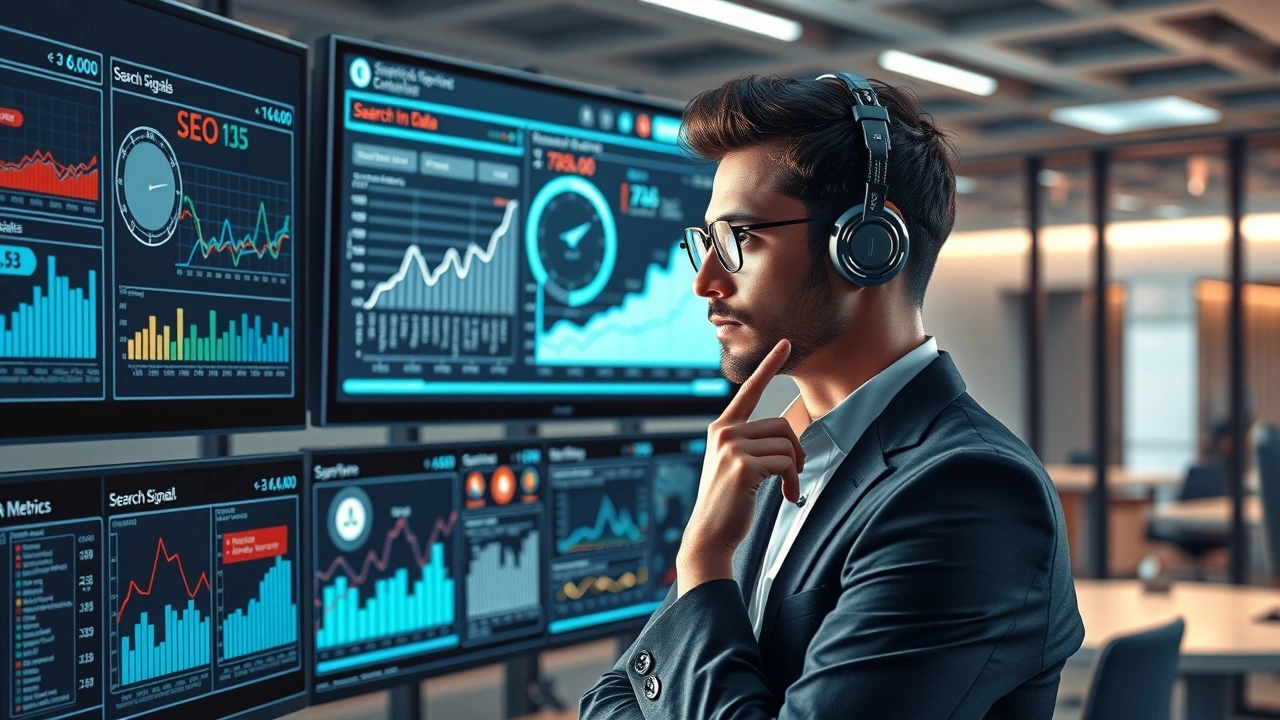 Illustration d'une IA analysant des données SEO dans un bureau moderne.
