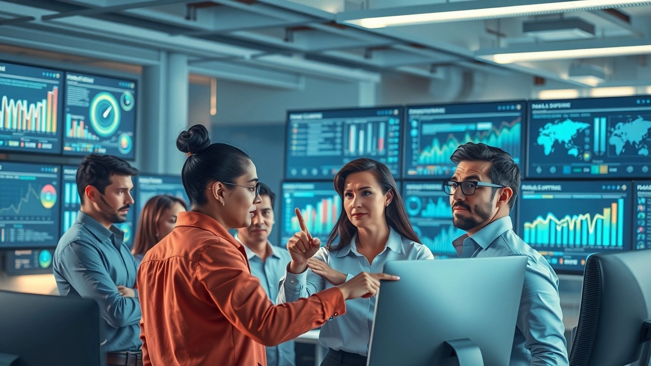 Illustration des tendances SEO avec intelligence artificielle dans un bureau futuriste