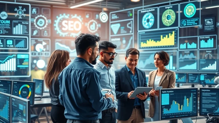 Une image illustrant des professionnels collaborant sur des outils d'IA pour le SEO.