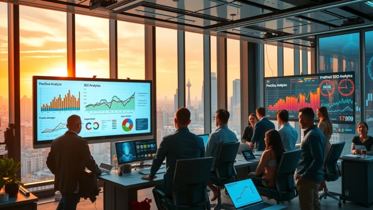 Une scène de bureau futuriste avec des professionnels analysant des données.