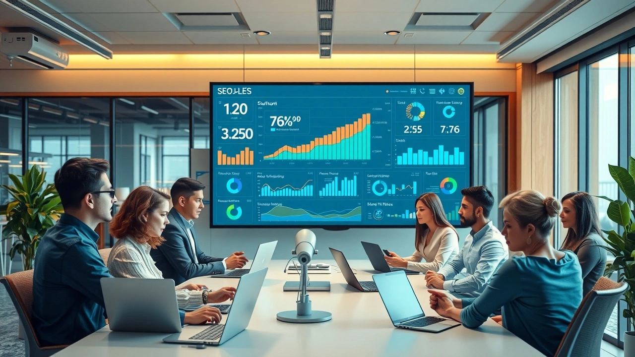 Image illustrant l'IA et la surveillance des innovations SEO dans un bureau moderne.