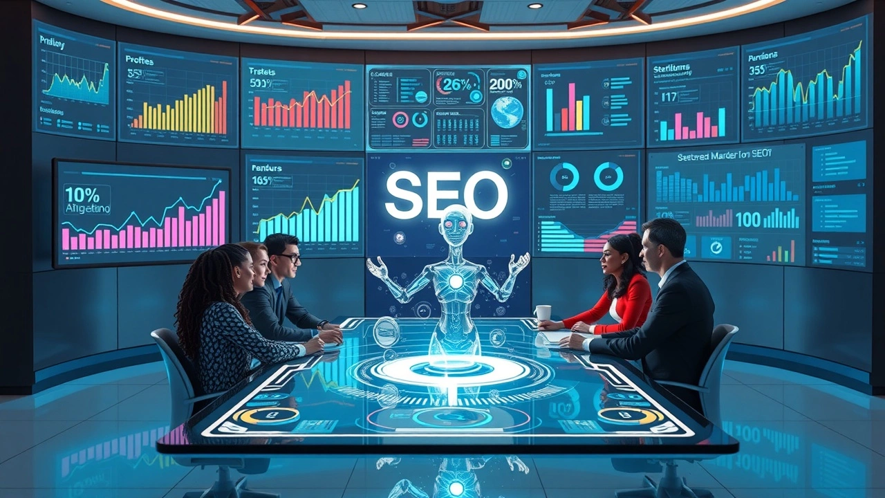 Image illustrant la technologie IA dans le domaine du SEO avec des outils modernes et une équipe de professionnels.