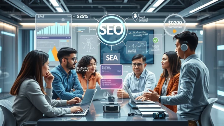 Une image photoréaliste montrant une équipe professionnelle travaillant sur des stratégies de contenu SEO avec des outils d'intelligence artificielle.