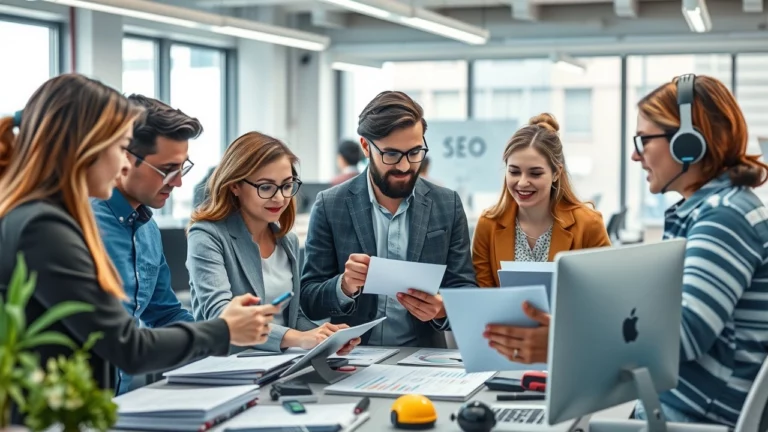 Une illustration montrant l'impact de l'IA sur la stratégie de contenu SEO dans un bureau moderne.