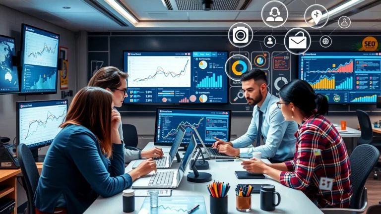 Une illustration d'un espace de travail numérique moderne avec des professionnels analysant des données et discutant des stratégies SEO.