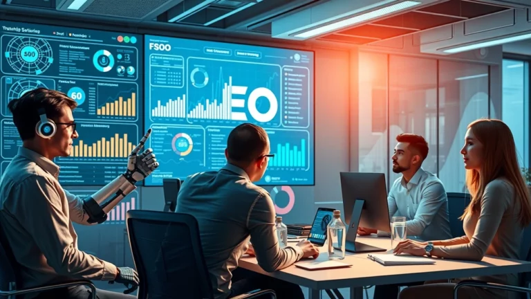 Une représentation photoréaliste de l'impact de l'IA sur les méthodologies d'audit SEO en 2024, montrant une équipe diverse dans un bureau moderne avec des écrans d'analytique.