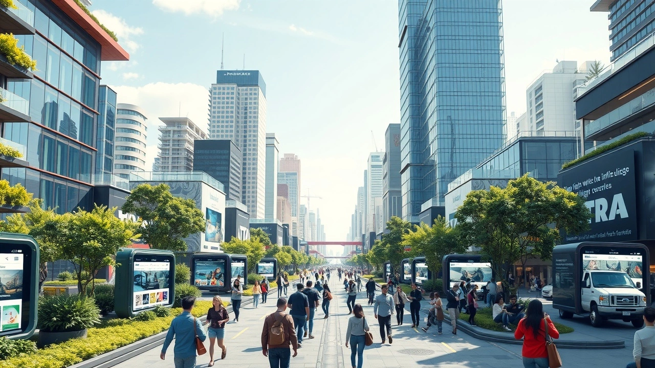 Une ville futuriste avec des appareils mobiles montrant l'importance de l'optimisation mobile pour le SEO.