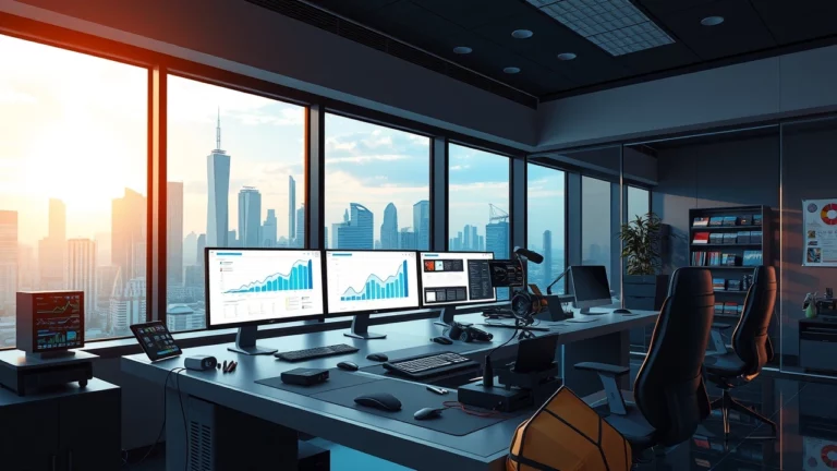 Illustration d'un espace de travail numérique futuriste utilisant l'intelligence artificielle pour améliorer les stratégies SEO.