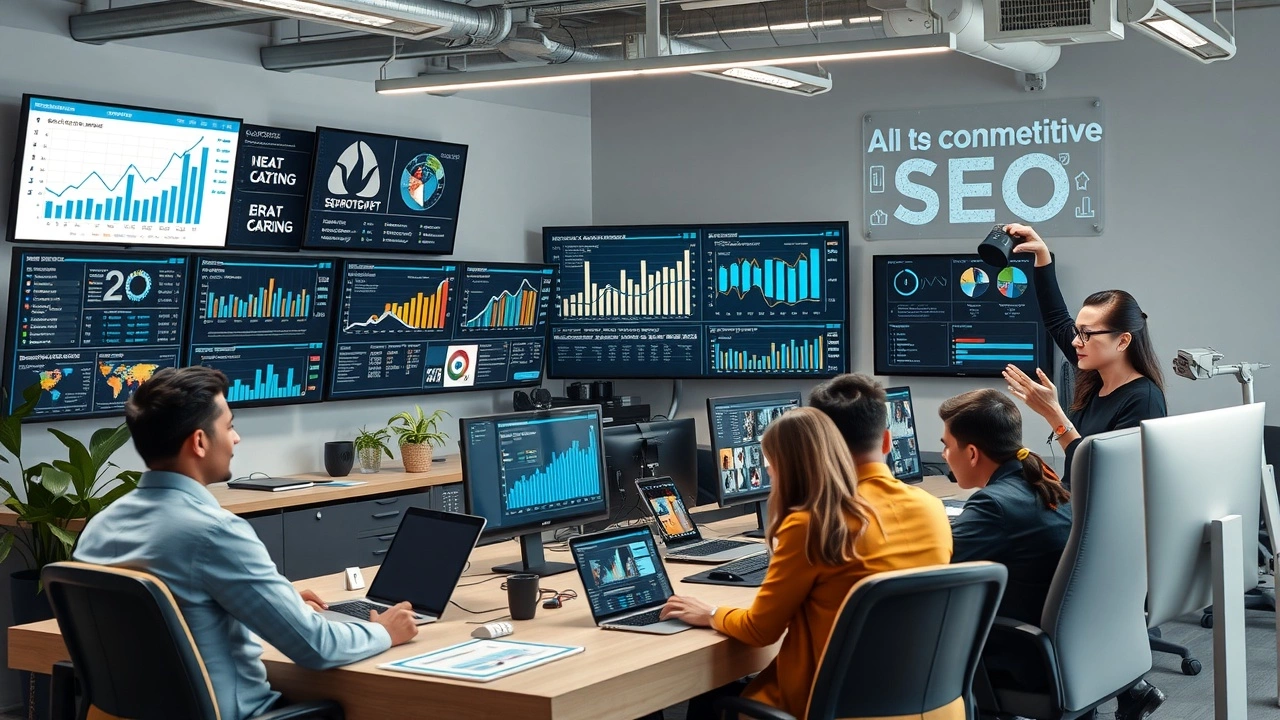 Une scène d'un bureau moderne avec des technologies avancées d'IA pour le SEO.
