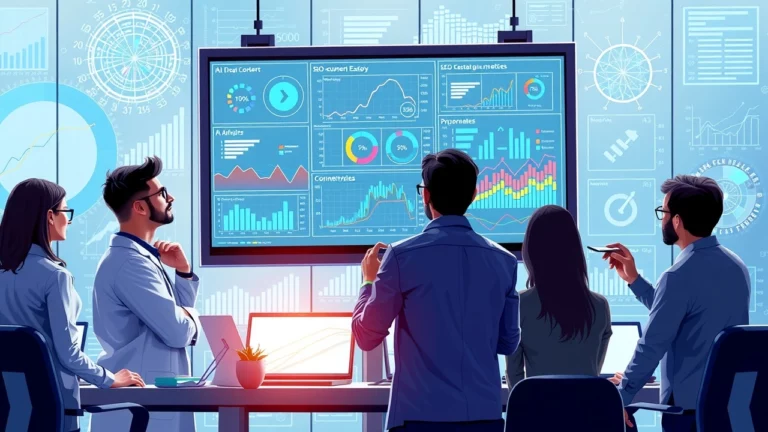 Illustration d'une équipe professionnelle utilisant l'intelligence artificielle pour améliorer le SEO.