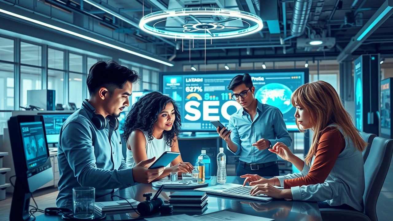 Une illustration photoréaliste d'un bureau moderne explorant l'intelligence artificielle et le SEO.