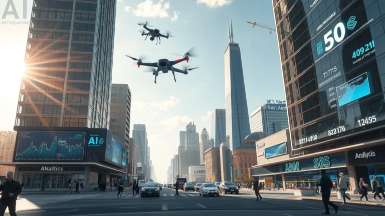 Une représentation d'une ville futuriste intégrant des systèmes d'intelligence artificielle dans l'environnement.