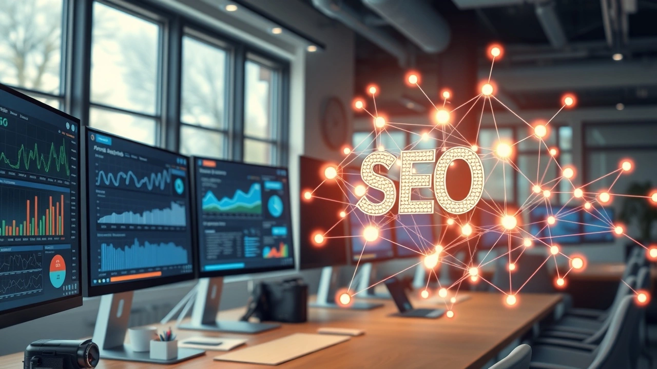 une image illustrant l'intelligence artificielle et le SEO dans un bureau moderne