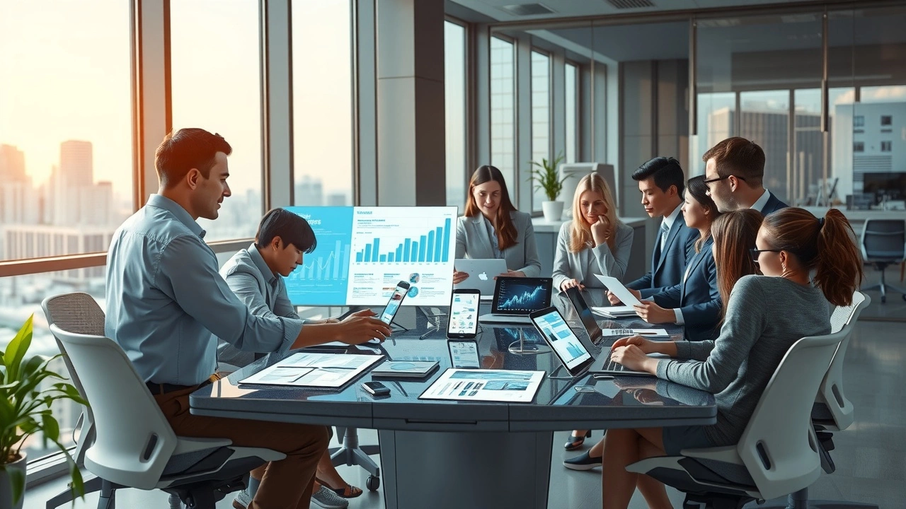 Une illustration de l'interaction entre l'IA et la création de contenu dans un bureau moderne.