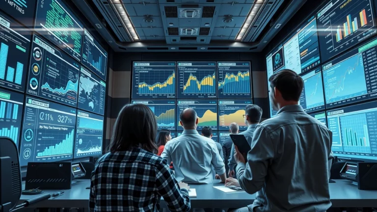 Une représentation photoréaliste d'un laboratoire d'analyse de données futuriste avec des professionnels observant des écrans affichant des visualisations de données complexes.