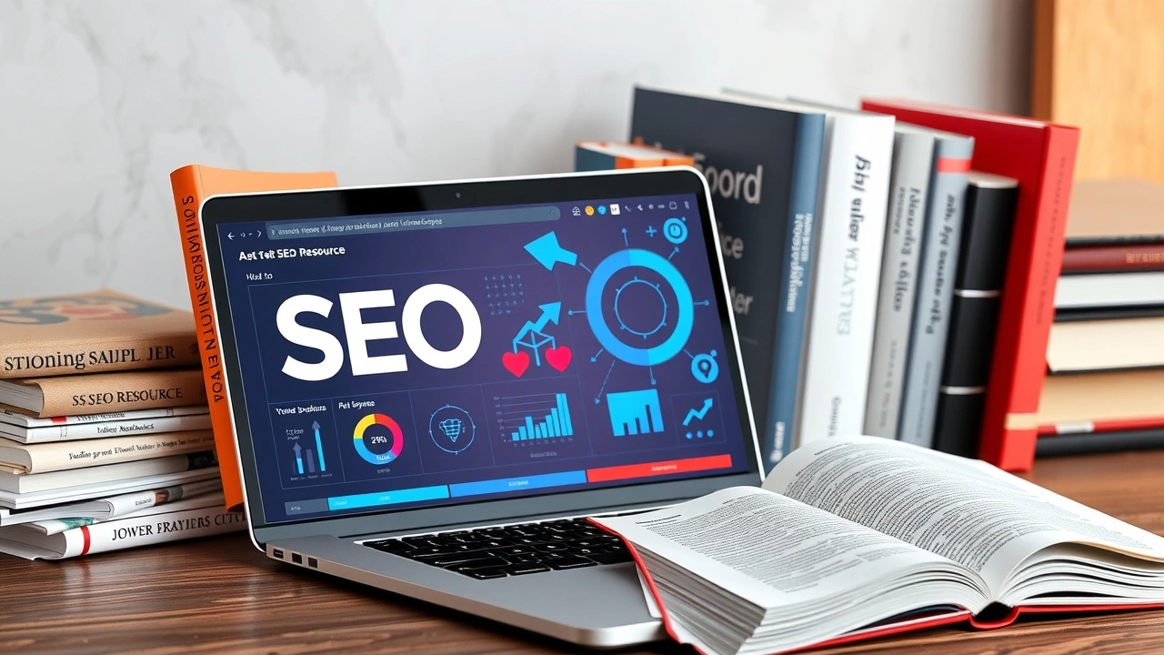 collection de livres sur le SEO et un ordinateur