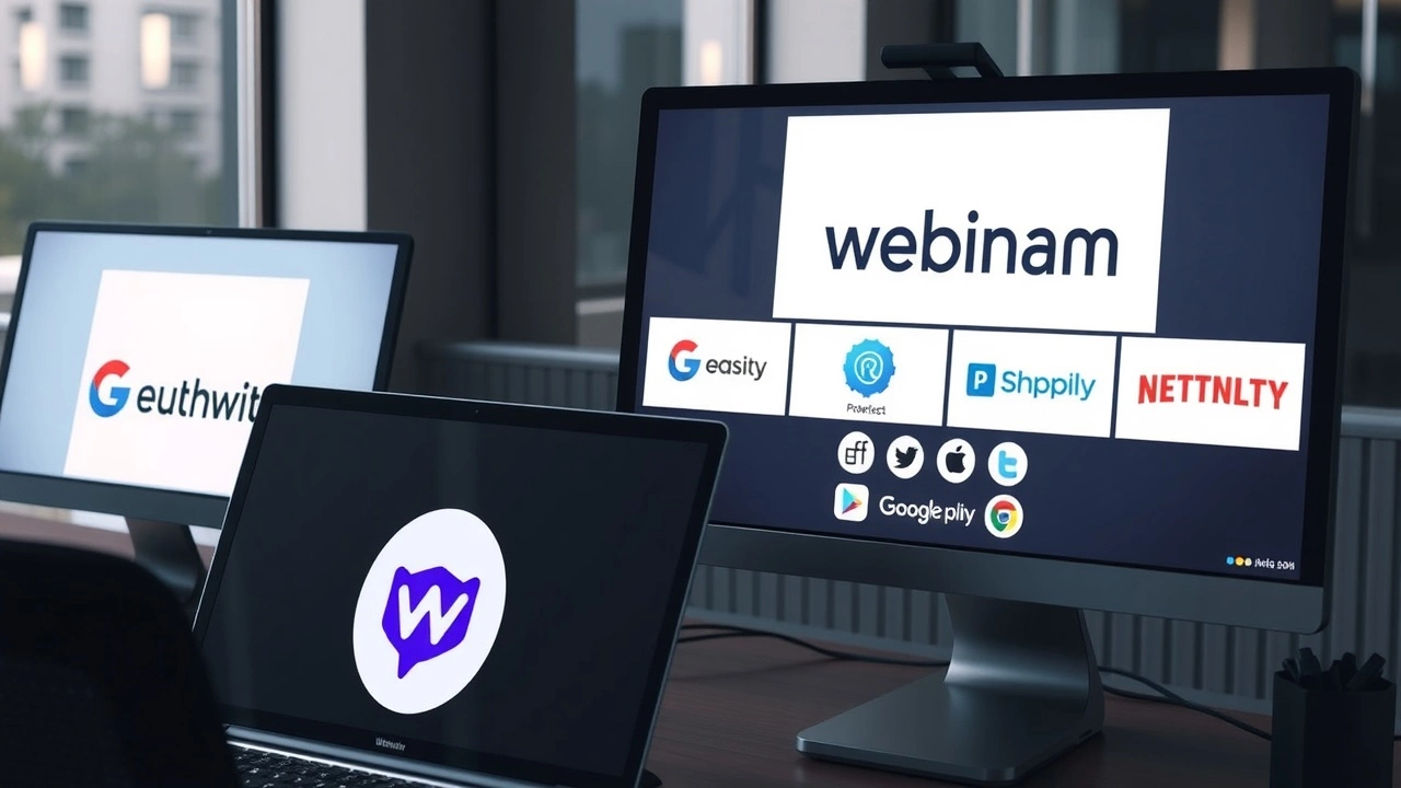 différents logos de plateformes de webinaires sur des écrans d'ordinateur