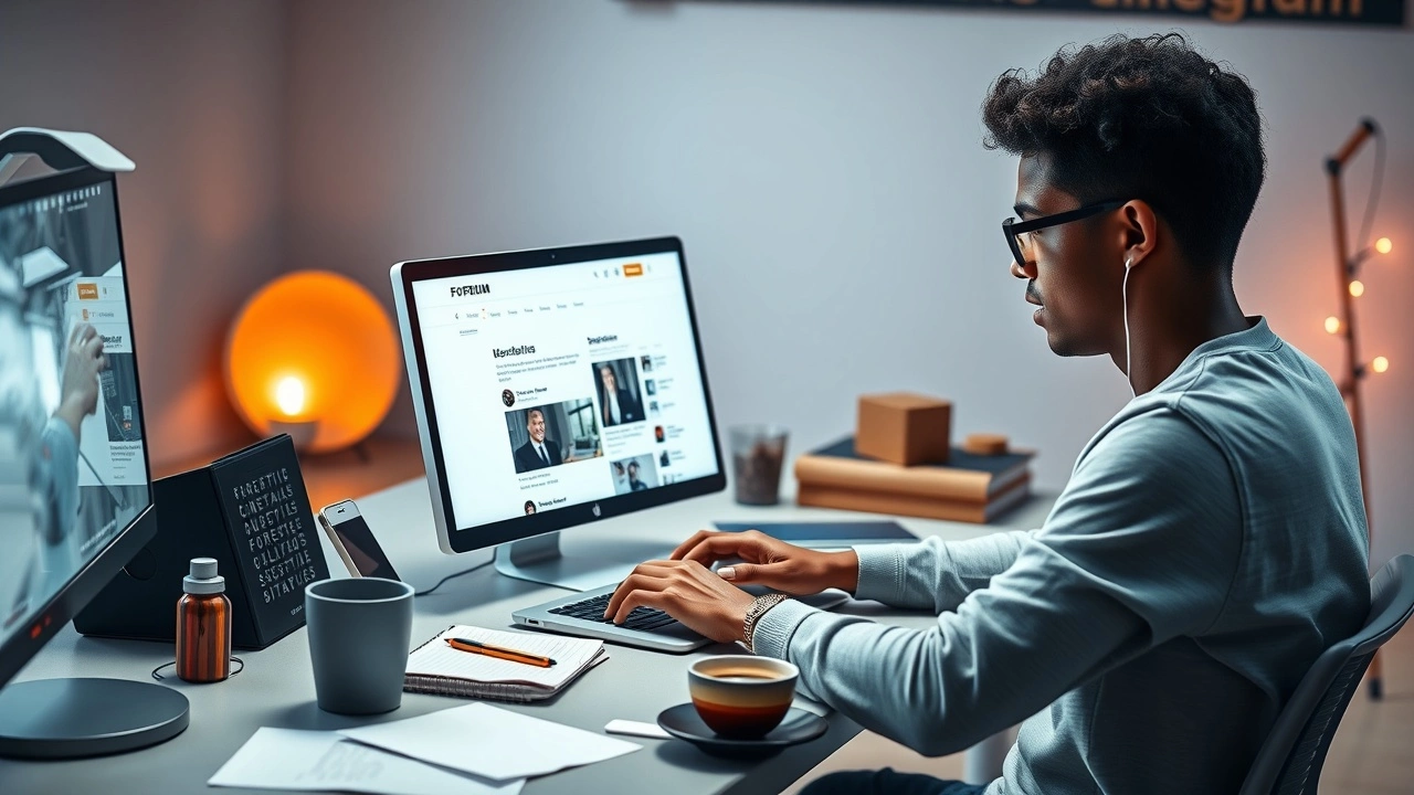 Une scène illustrant une personne engagée sur des forums en ligne spécialisés, mettant en avant l'importance du SEO.