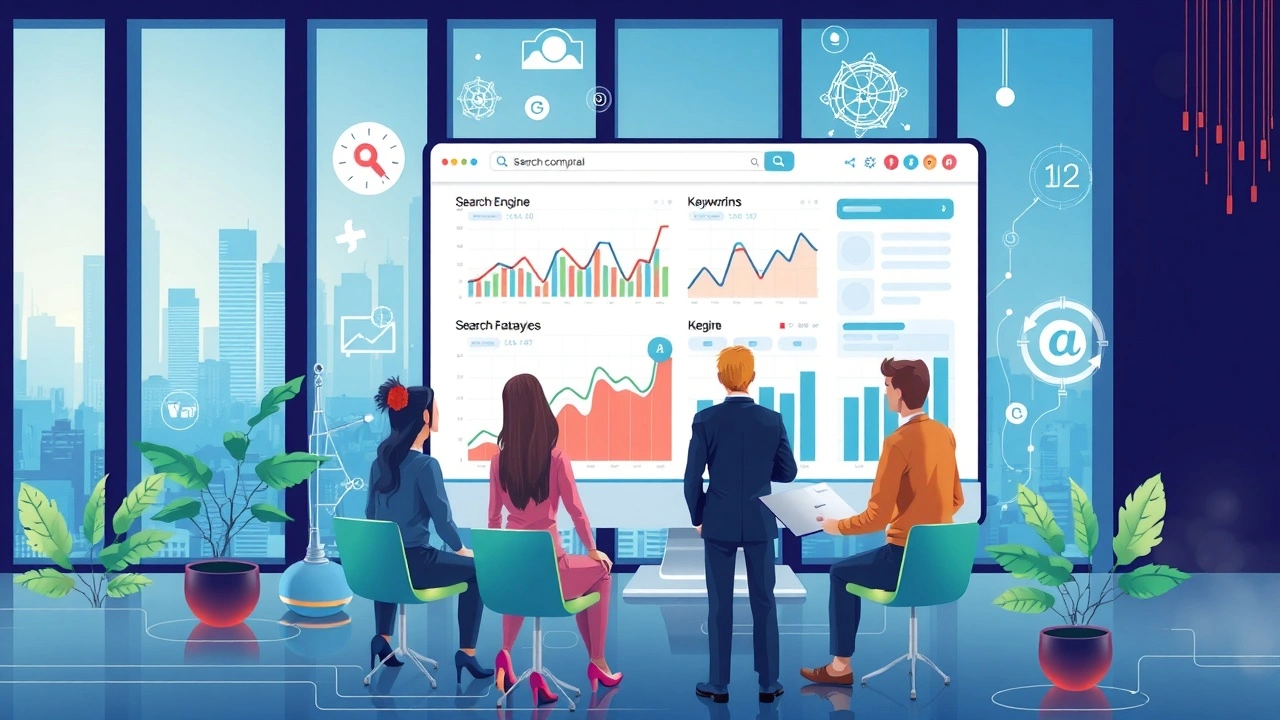 Une illustration d'une équipe travaillant sur des stratégies SEO avec des graphiques et des analyses