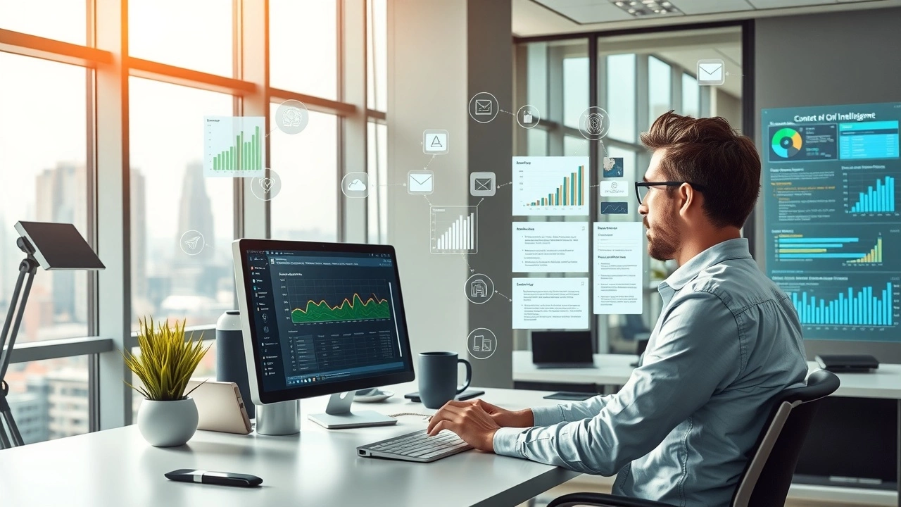 Une illustration photoréaliste d'une personne travaillant sur un ordinateur, symbolisant l'optimisation de contenu avec l'intelligence artificielle.