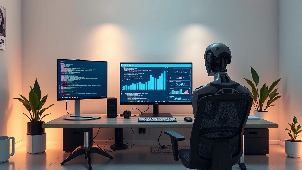 Une scène moderne montrant un espace de travail où une IA optimise les balises meta pour le SEO.