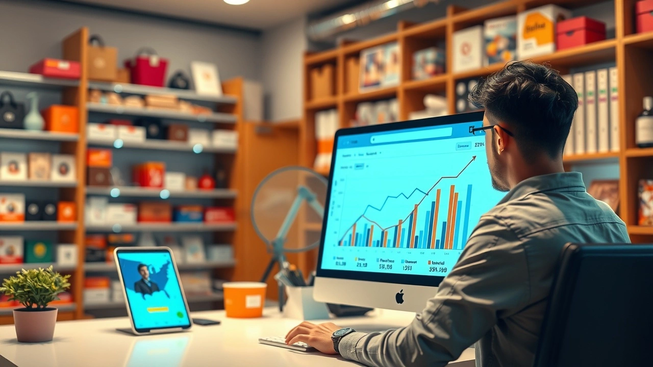 Une scène de bureau moderne consacrée à l'optimisation SEO pour le commerce en ligne.