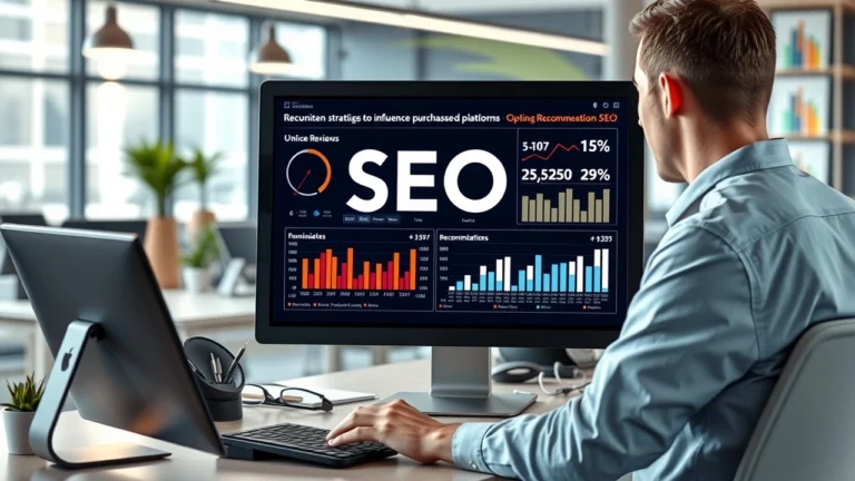 Un professionnel du marketing numérique analysant des données SEO dans un bureau moderne.