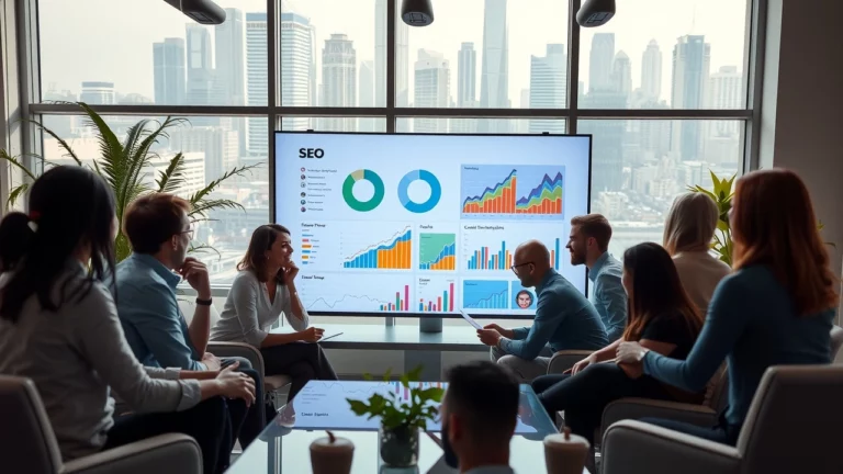 Une scène de bureau moderne avec des professionnels discutant de l'optimisation SEO.