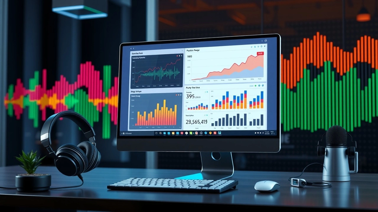 Une scène illustrant l'optimisation du SEO sur les plateformes de streaming audio avec un espace de travail moderne.
